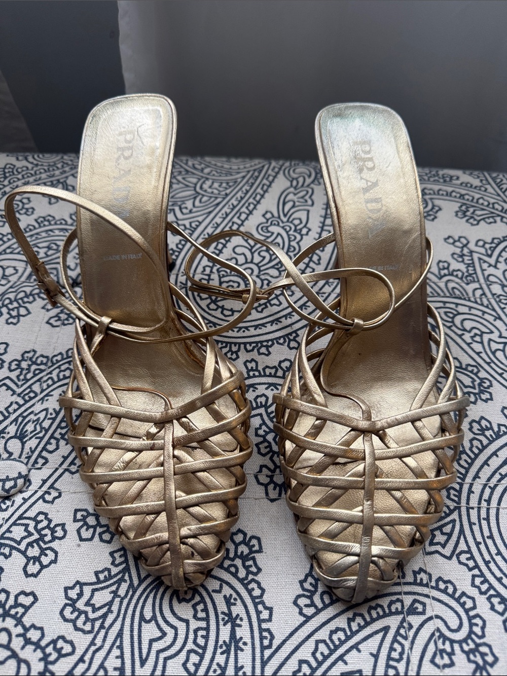 Vintage Prada Gold Leather Strappy Woven Mule Heels